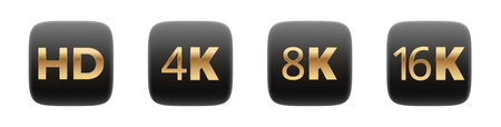 Hd, 4k, 8k, 16k resolution icons on black buttons.のイラスト素材