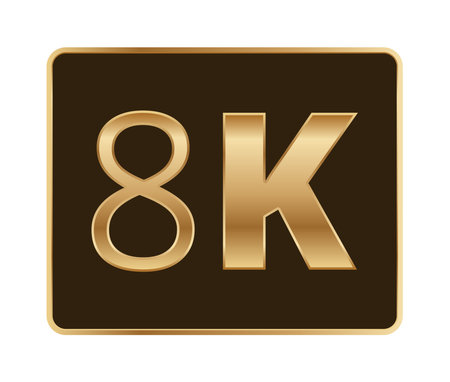 Sleek golden 8k sign on black background highlighting ultra high definition.のイラスト素材