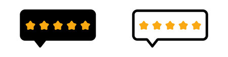 Black and white dialogue box icons with five yellow stars, ideal for review and feedback purposes.