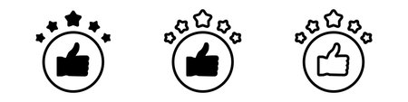 Black and white thumbs up icon surrounded by stars, symbolizing success, achievement, or approval.のイラスト素材