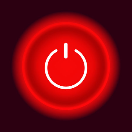 Glowing red power button symbol on dark background.