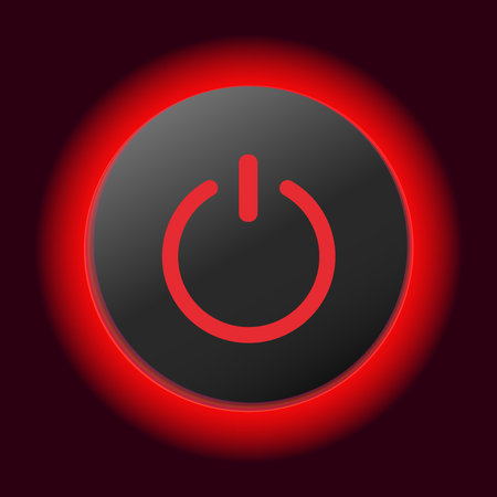 Glowing red power button symbol on dark background.のイラスト素材
