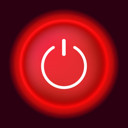 Glowing red power button symbol on dark background.のイラスト素材