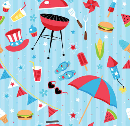 Repeating backyard BBQ party pattern in patriotic color scheme. Repeating vector patterns are great for backgrounds, wallpaper, and surface designs.のイラスト素材