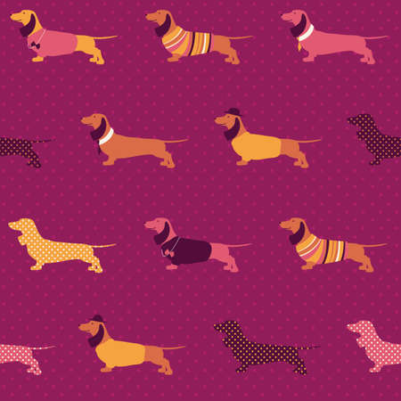 Vector Dachshunds in cute outfits on a polka dotted maroon background. Seamless vector patterns are great for backgrounds, wallpaper, and surface designs.lustrationのイラスト素材
