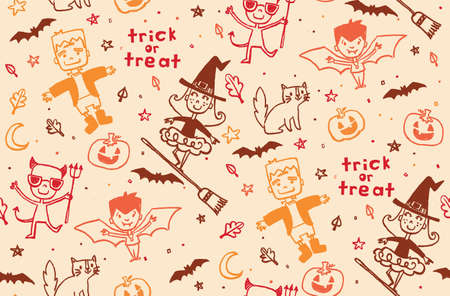 Seamless Pattern of Trick or Treaters scattered in fun halloween pattern. Neutral, fall colors in vector format.のイラスト素材