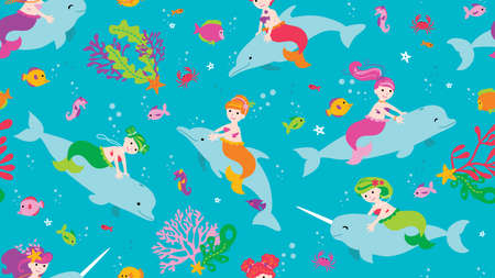 Mermaid friends riding dolphins seamless vector patternのイラスト素材