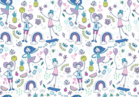 Bright Girls Seamless Vector Patternのイラスト素材