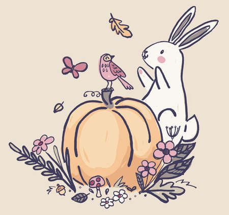 Fall Pumpkin Bunny Vector Vignetteのイラスト素材