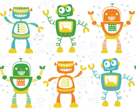 Compliance, hand-drawn stylistic Robot characters in a seamless vector pattern. These robots repeat seamlessly to make a fun background.のイラスト素材