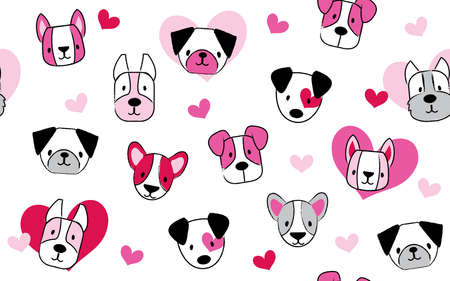 An adorable, seamless vector pattern of doggies, puppies, and pets celebrating Valentines Day with pink and red hearts.のイラスト素材