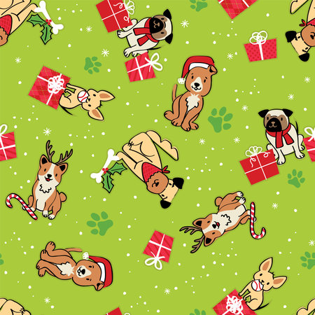 Cheerful Christmas Doggies Seamless Vector Repeating Patternのイラスト素材