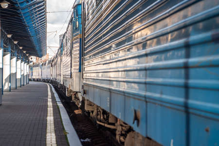 Old blue electric AC locomotives stand of company on closed Kyiv central railway station.の写真素材