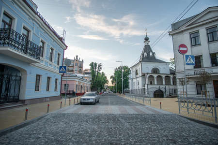 Kyiv, Ukraine - May 27, 2020: Empty street in the center of the east European city of Kiev at dusk.