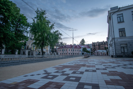 Empty street in the center of the east European city of Kiev at dusk.