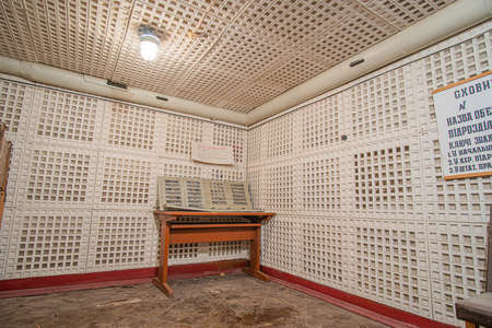 Kyiv, Ukraine - December, 2020: Isolated from noise and interference, white communication room in the underground bomb shelter.のeditorial素材