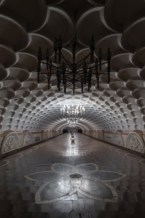 Interior of Kyivska subway metro station. Kharkiv, Ukraine - June 2021.のeditorial素材
