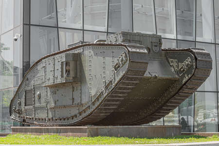 Mark V tank on the Constitution Square in Kharkiv. Kharkiv, Ukraine - June 2021.