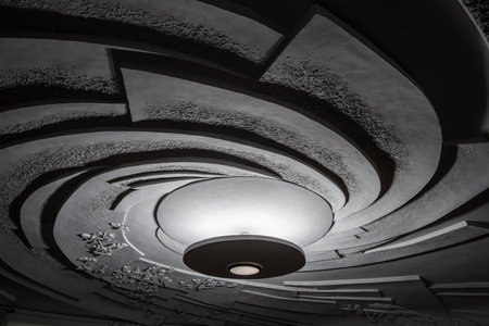 High-reliefs of the composition Spiral of Time in the upper escalator hall at the Teatralna station...