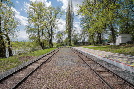 Platform of the Park station of the Uzhhorod Children's Railway. Uzhhorod, Transcarpathian oblast, Ukraine - May 3, 2021のeditorial素材