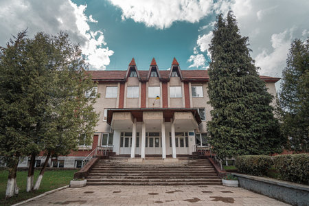 The building is in the style of Western Ukrainian Soviet modernism. Polyana secondary school....
