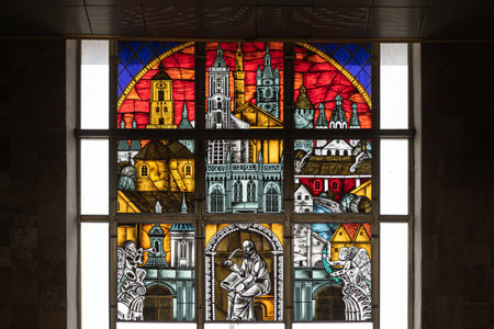 Stained glass window by Zhilinskoyte Khrystyna and Hrynyuk Leontiy on the window in the interior of the Kamianets-Podilskyi railway station. Kamianets-Podilskyi, Ukraine - Nov. 2021.のeditorial素材