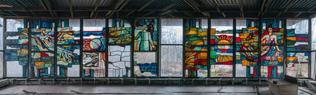 Stained glass window in an abandoned cafe "Pripyat". Pripyat, Ukraine - November 28, 2021.のeditorial素材