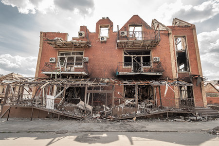 An residential building destroyed. Makariv, Kyiv oblast, Ukraine. - may, 2022.のeditorial素材