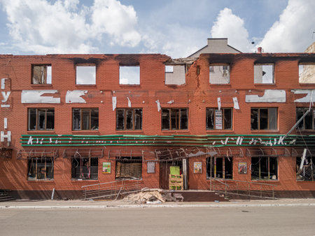 An residential building  destroyed. Makariv, Kyiv oblast, Ukraine. - may, 2022.のeditorial素材