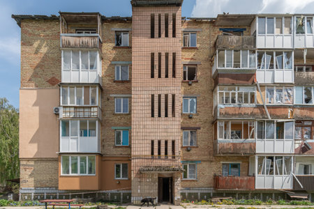 An residential building bombed. Makariv, Kyiv oblast, Ukraine. - may, 2022.のeditorial素材
