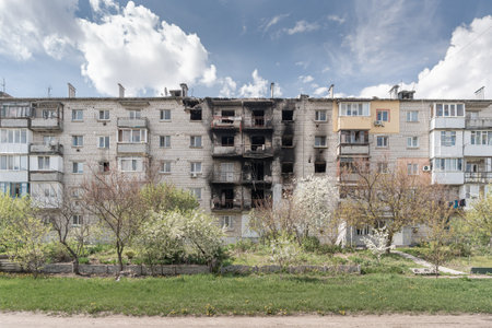 An residential building bombed in Makariv, Kyiv oblast, Ukraine. - may, 2022.のeditorial素材