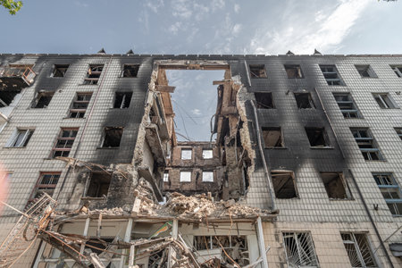 An residential building bombed by the Russian army. Borodyanka, Kyiv oblast, Ukraine. - may, 2022.のeditorial素材