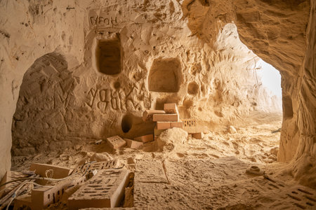 The tunnel of the ancient cave is excavated in the loess rock with rock art. Kyiv, Ukraine - November 2022.のeditorial素材