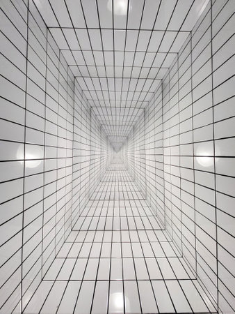 Endless abstract tunnel lined with white glossy tiles.