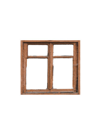 Old brown wooden window isolated on white backgroundの写真素材
