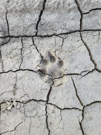 The step track of a large dog on the cracked, weathered soil.