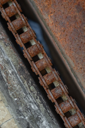Old rust bicycle chain, top view, close-up.