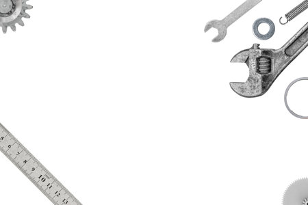 Metal tools for working is isolated on white background, grungy background image with copy space.