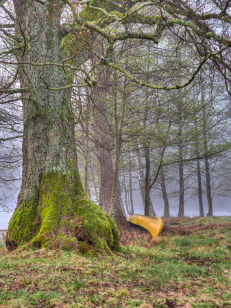 A canoe lies unused as winter has just ended  It is early morning and fog surrounds the landscape の写真素材