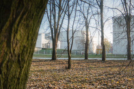 Factory complex low photographing thru park in the autumnの写真素材