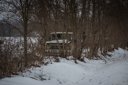 Abandoned car, van surrounded with snow and shrubs in winter timeの写真素材