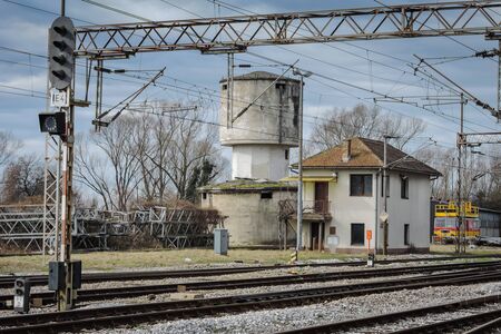 Novska, Croatia 2/14/2019: Railroad station in winter time with old tracksのeditorial素材