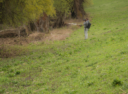 A man taking pictures in nature, landscapes, background forestの写真素材