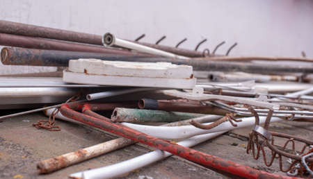 Scrap iron small stacked on a pile and prepared for metal recycling.の写真素材