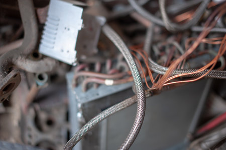 Stacked metal scrap with copper and iron prepared for recycling with a cloudy background.の写真素材