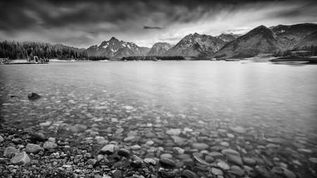 Stormy summer morning at Coulter Bay on Jackson Lake in the Wyoming Tetonsの写真素材