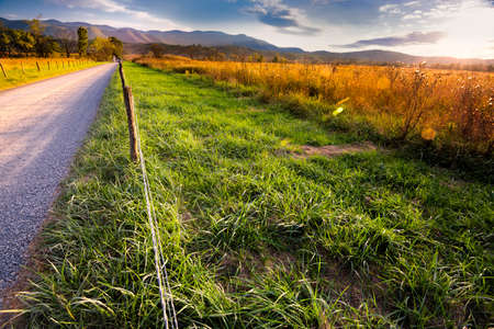 Late afternoon on a quiet country road in Cade's Cove, Great Smoky Mountains National Parkの写真素材