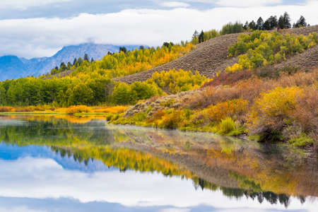 Autumn dawn at Oxbow Bend on the Snake River in Wyomingの写真素材