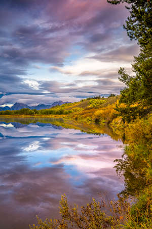 Cloudy dawn at Oxbow Bend on the Snake River in Wyomingの写真素材