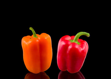Vibrant red and orange bell peppers on a pure black backgroundの写真素材